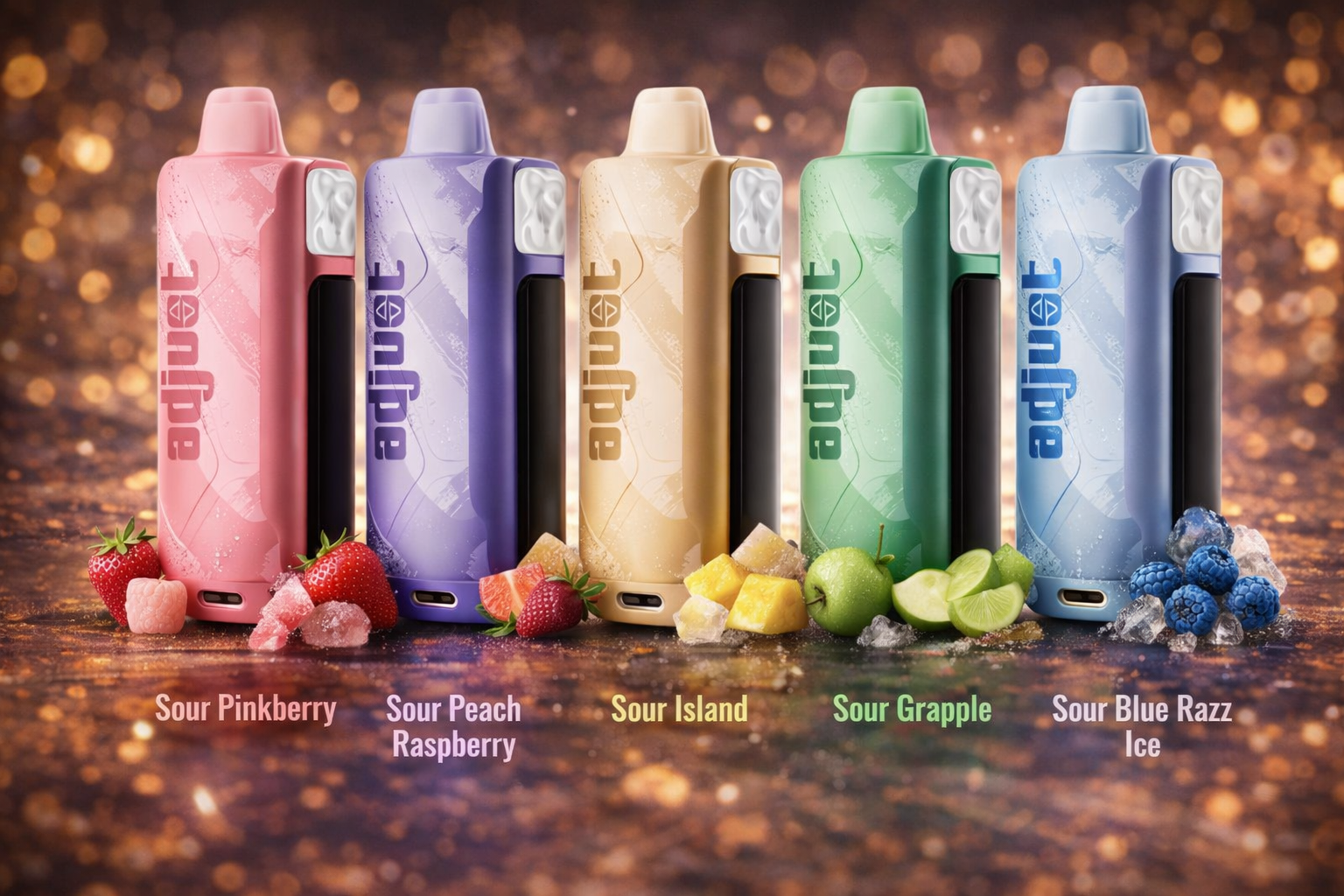 Luxury cinematic product image featuring Adjust disposable vape devices in Sour Pinkberry, Sour Peach Raspberry, Sour Island, Sour Grapple, and Sour Blue Razz Ice flavors displayed with fresh fruit elements and premium lighting representing high puff rechargeable disposable vape devices available online in the USA.