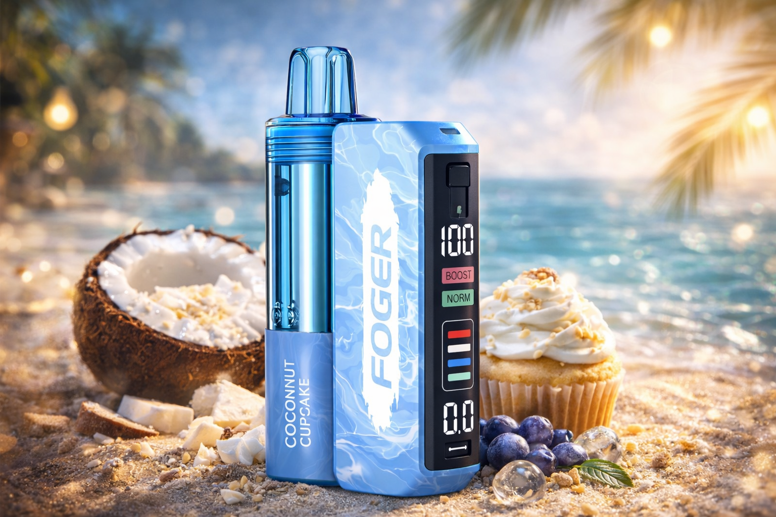 Luxury cinematic product image of the Foger Switch Coconut Cupcake high puff disposable vape device highlighting rechargeable performance design and premium flavor device technology available online in the USA.