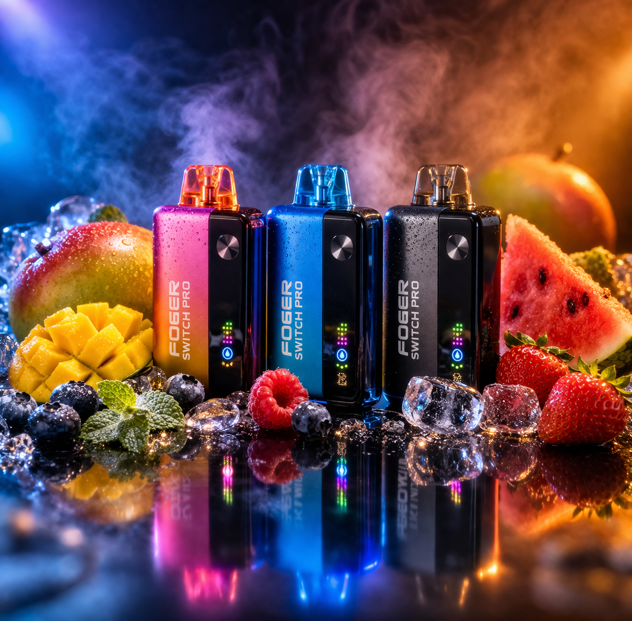 Foger Switch Pro Rechargeable Disposable Vape Comparison Lineup Foger Switch Pro rechargeable disposable vape high puff device lineup with fruit flavor inspired cinematic comparison display