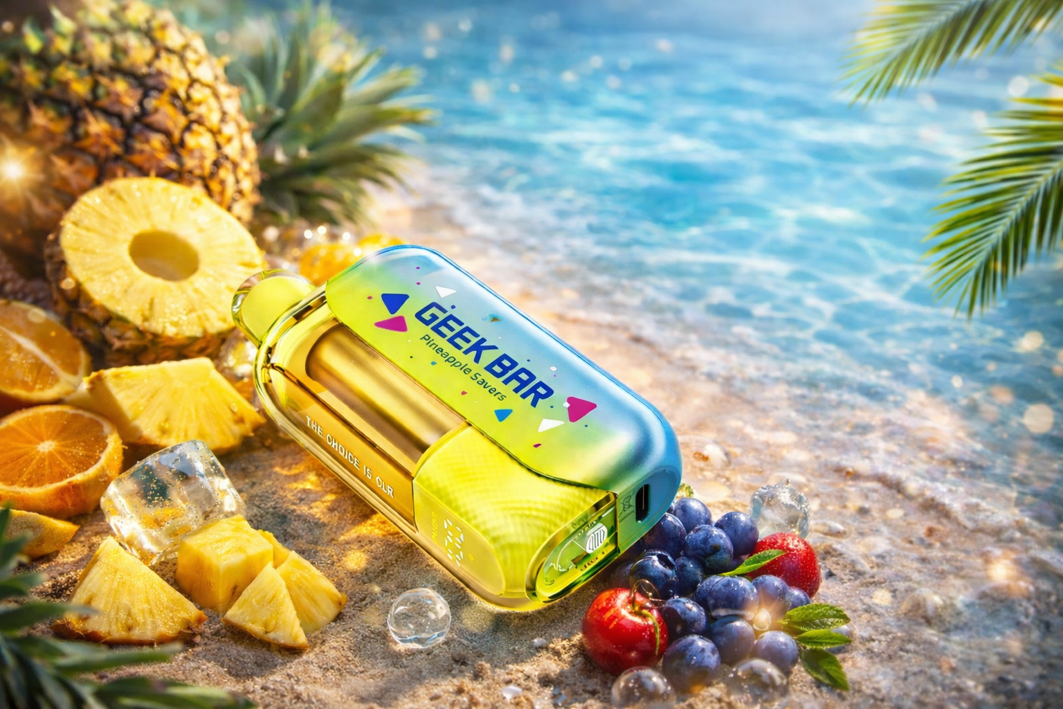 Geek Bar CLR disposable vape device displayed on a beach-themed background highlighting modern rechargeable high puff disposable vape technology available online in the USA.