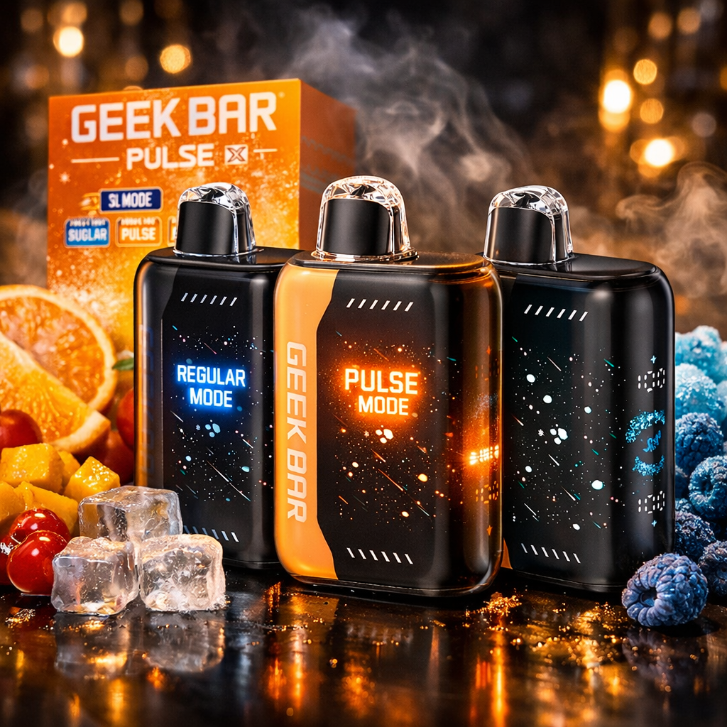 Geek Bar Pulse rechargeable disposable vape 25000 puffs orange slush flavor cinematic product display