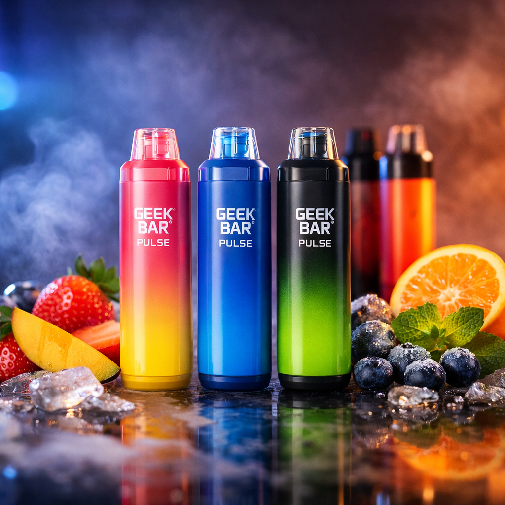 Geek Bar Pulse Rechargeable Disposable Vape Comparison Lineup Geek Bar Pulse rechargeable disposable vape high puff device lineup with fruit flavor inspired cinematic display