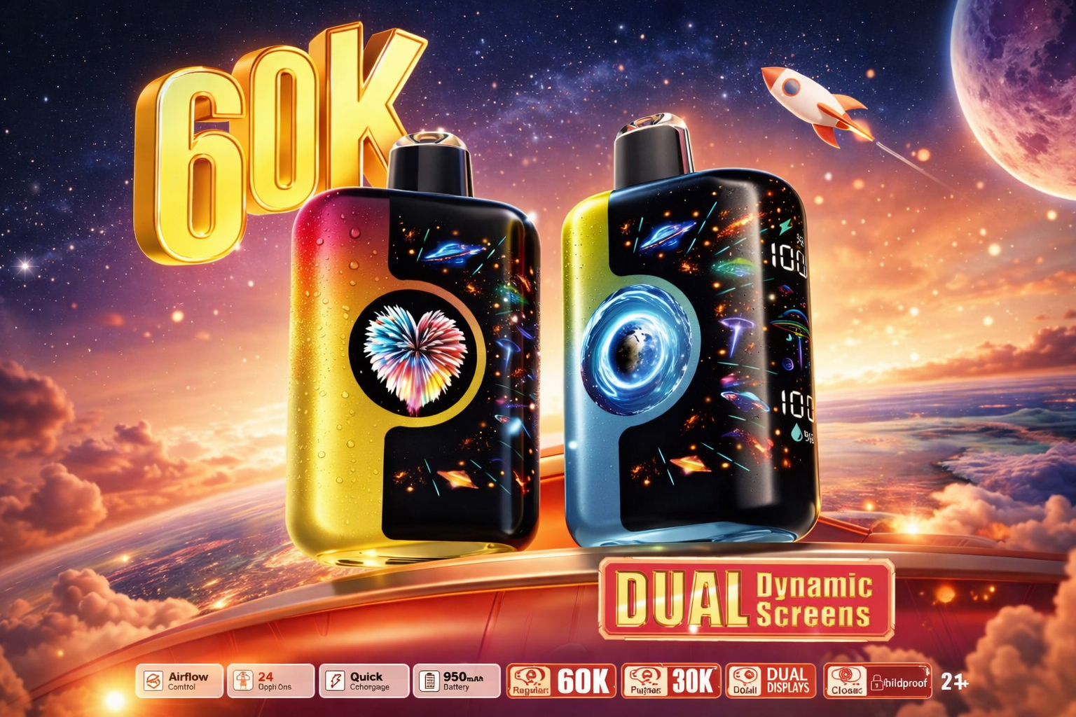 Luxury cinematic product image of KangVape Speedy Beast X 60K disposable vape devices featuring dual dynamic screens and extended puff capacity designed for high performance rechargeable disposable vape users in the USA.