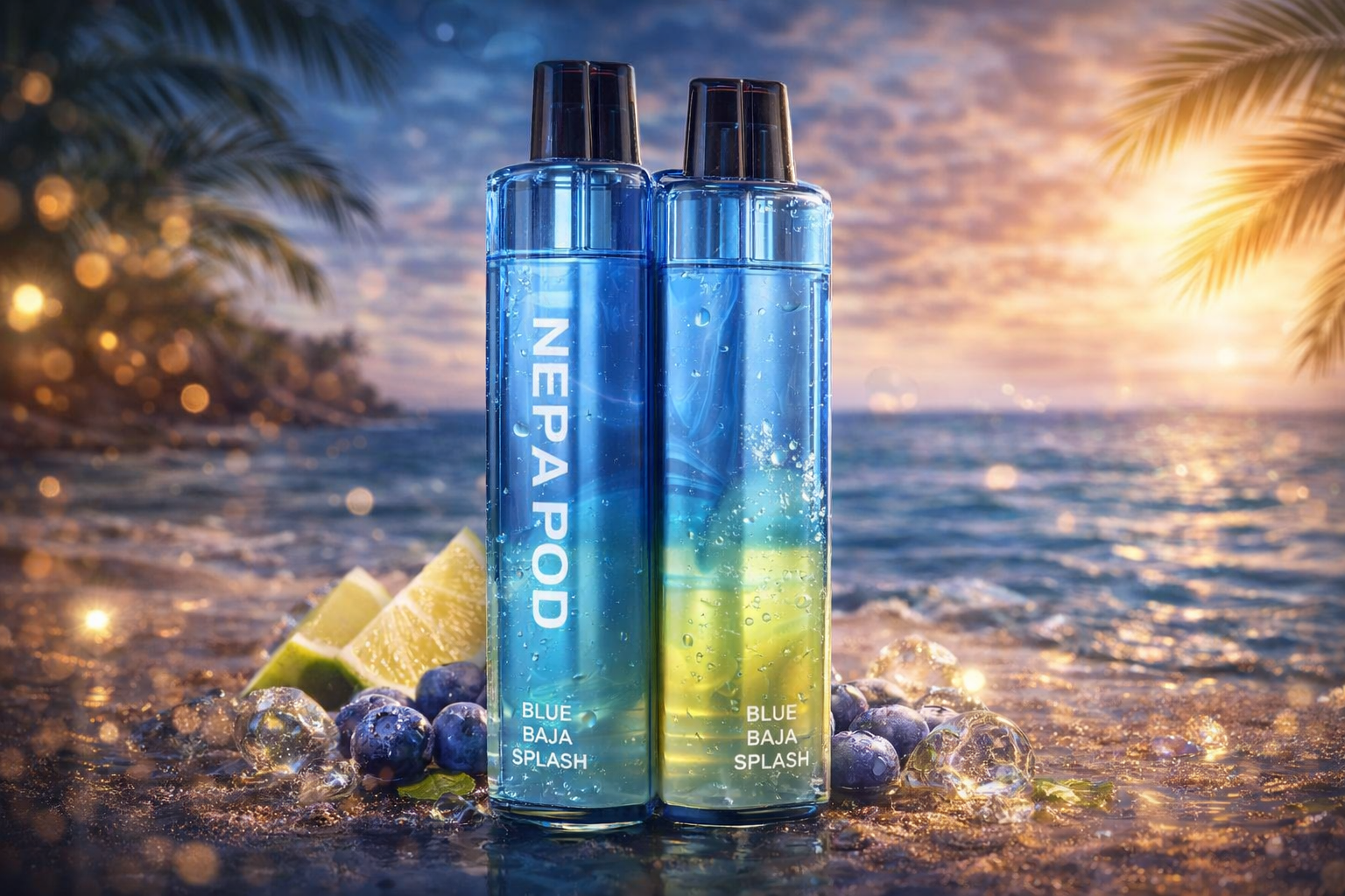 Luxury cinematic product image of Lost Mary NERA POD Blue Baja Splash disposable vape devices displayed with citrus and berry flavor elements highlighting rechargeable high puff disposable vape technology available online in the USA.