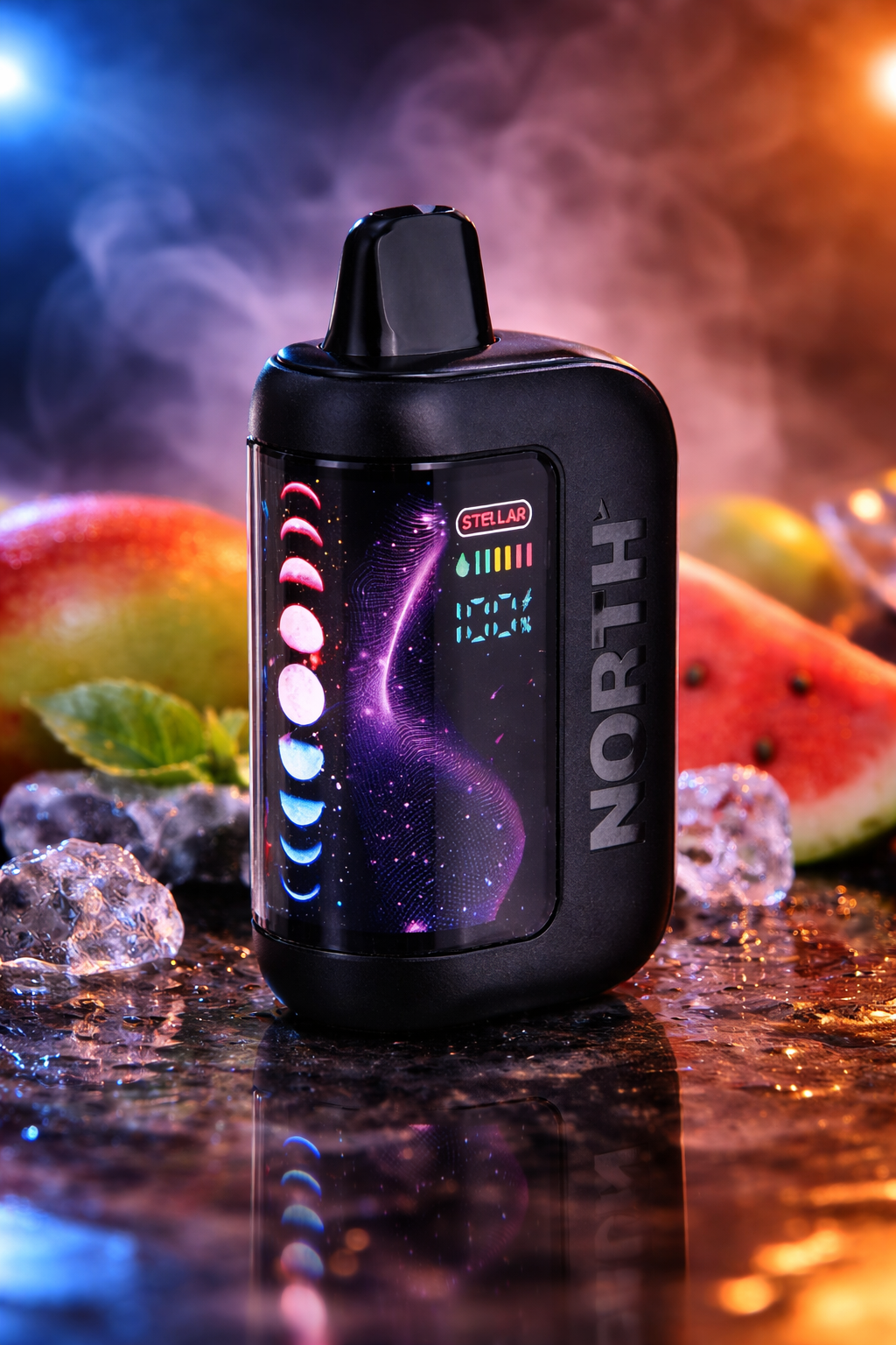 North Stellar 40K Disposable Vape Galaxy Display High Puff Device North Stellar 40K disposable vape with galaxy display screen shown in cinematic lighting with fruit elements and reflective surface highlighting modern high-puff rechargeable disposable vape design.