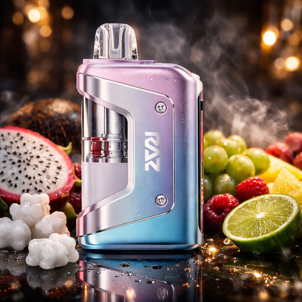 RAZ Vue White Gummy 50000 puffs rechargeable disposable vape cinematic fruit flavor display